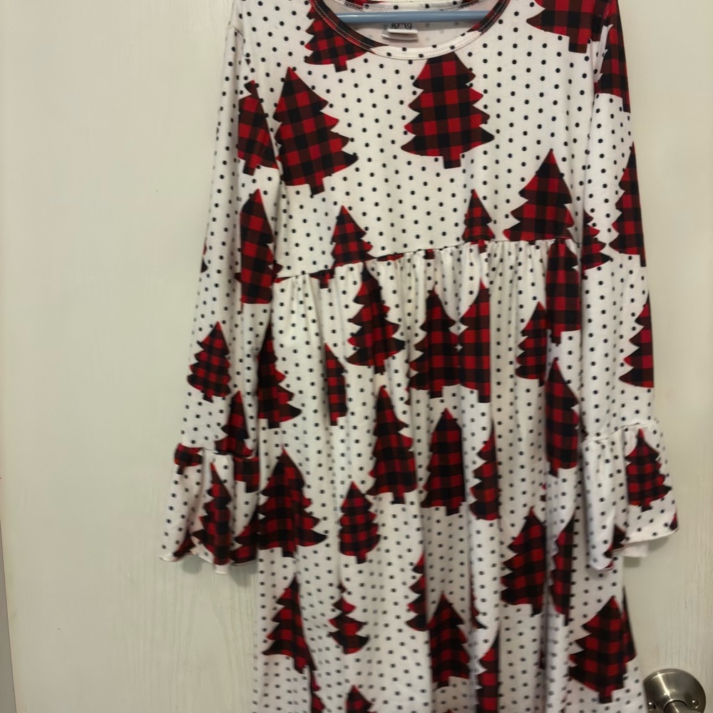 Girls White Dress with Red Plaid Tree Print - Long Sleeve Casual Dress
